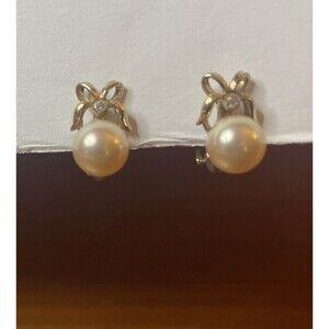 Vintage Gold Plated Faux Pearl Earrings With Diamond Classic Elegant RM signed